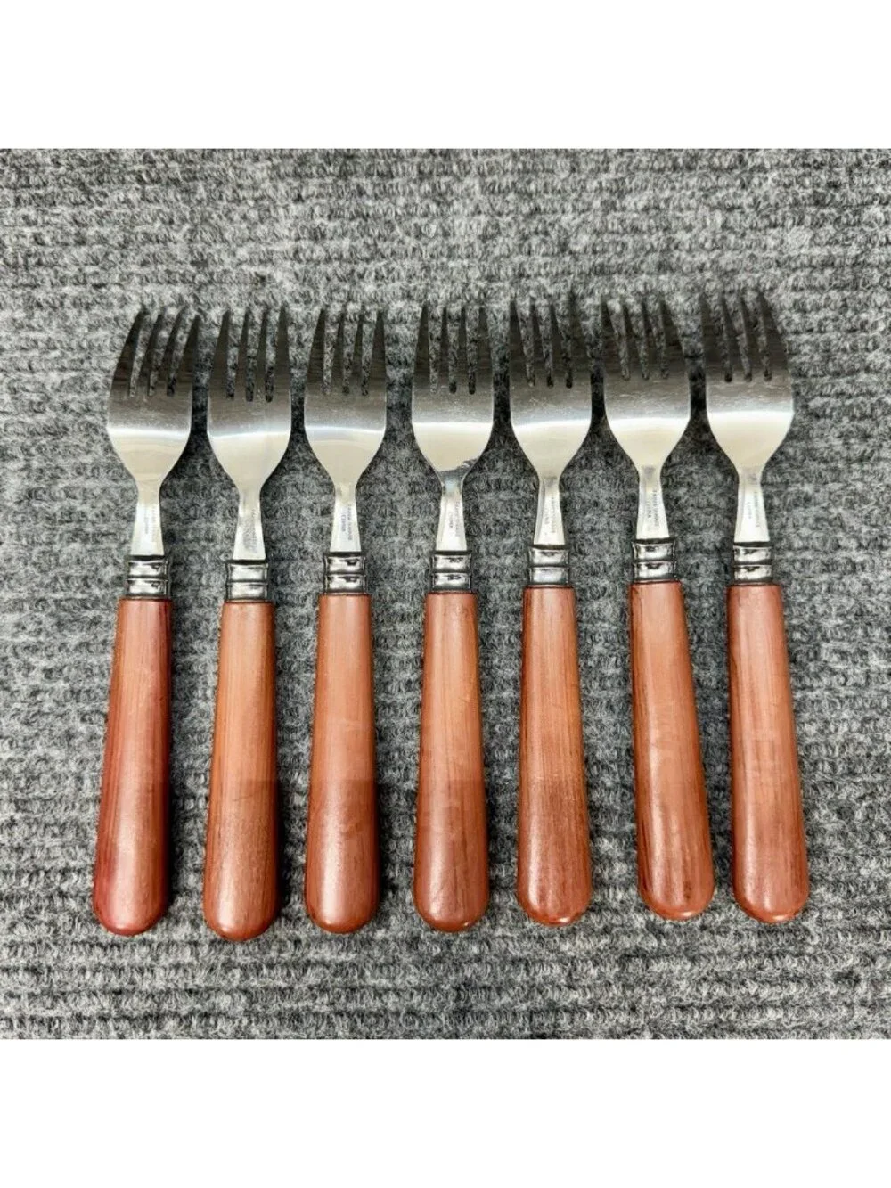 Faberware Silverware Lot Of 7 Table Forks Faux Wood Brown Handle Set Vintage